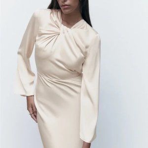 Zara Knotted Front & Open Back Cream Satin Maxi Dress, Size S